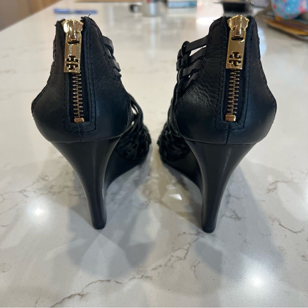 Tory Burch Black Leather Tevray Huarache Wedge Sandals - Picture 7 of 10